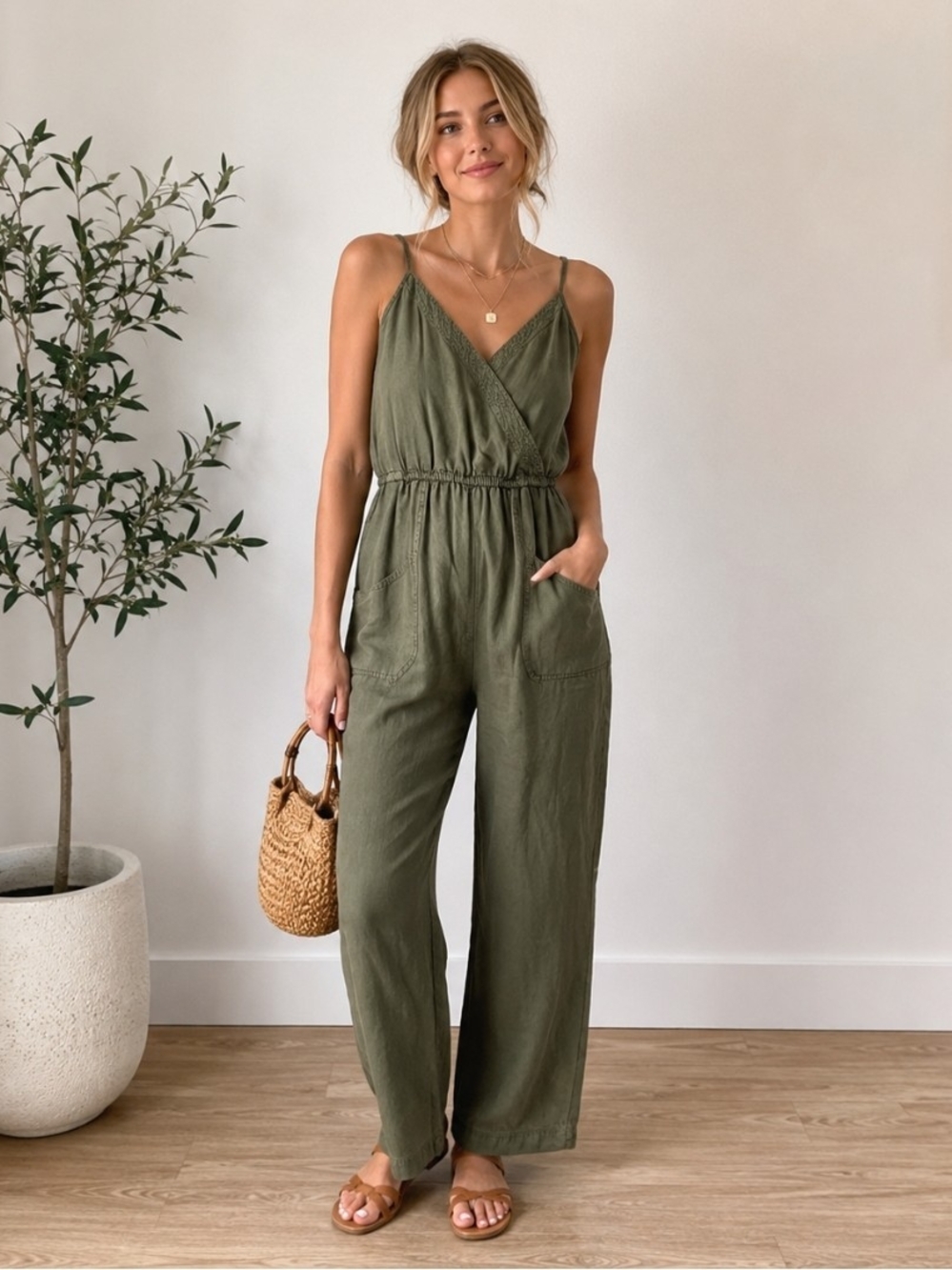 Abercrombie & Fitch Olive Lyocell Utility Jumpsuit Small Cami Wide Leg Boho